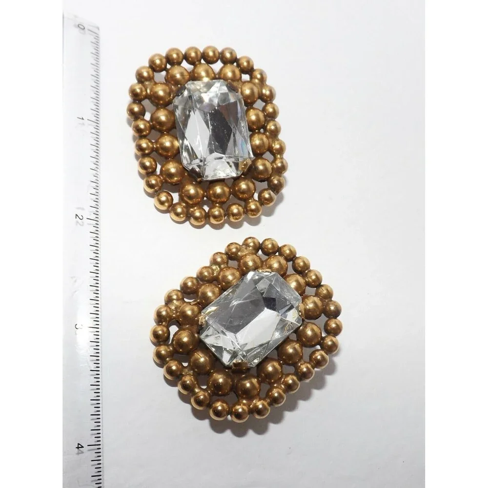 Vintage 80s Earrings Facet Stone Mogul Chunky Statement Clip On Gold tone